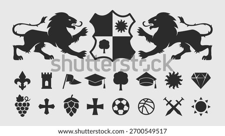 Heraldic, Crest logo template. Heraldry logo with lions and simple icons set. Vector illustration