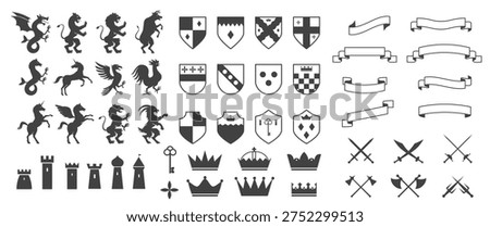 Heraldic Crest set. Luxury Black and White logos and emblems with animal silhouettes, shields, swords, crowns and retro ribbons. Flat vector illustration collection isolated on background