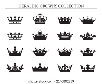 HERALDIC CROWN COLLECTION. Big set of icons. Vector graphic.  