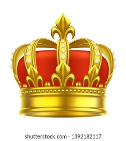 Heraldic crown icon. Retro or vintage golden headdress for prince or king, queen or princess. Realistic or 3d gold tiara or monarch headgear. Game award icon, antique emperor sign. Jewelry theme