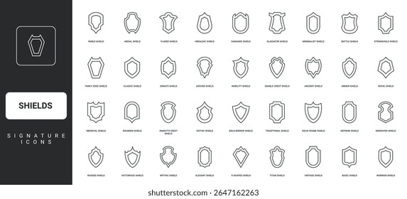 Decoração heráldica e insígnias, emblema de segurança cibernética símbolos finos preto ilustração vetorial. Escudos com quadro de forma diferente, proteção de garantia, conjunto de ícone de linha de armadura de segurança.