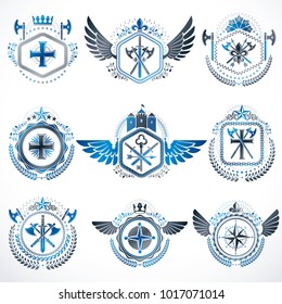Heraldic decorative emblems made with royal crowns, animal illustrations, religious crosses, armory and medieval castles. Collection of symbols in vintage style.