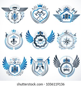 Heraldic decorative emblems made with royal crowns, animal illustrations, religious crosses, armory and medieval castles. Collection of symbols in vintage style.