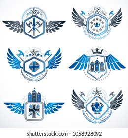 Heraldic decorative emblems made with royal crowns, animal illustrations, religious crosses, armory and medieval castles. Collection of symbols in vintage style.