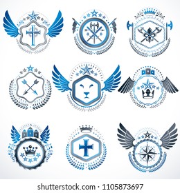 Heraldic decorative emblems made with royal crowns, animal illustrations, religious crosses, armory and medieval castles. Collection of symbols in vintage style.