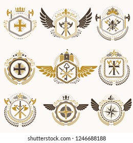 Heraldic decorative emblems made with royal crowns, animal illustrations, religious crosses, armory and medieval castles. Collection of symbols in vintage style.