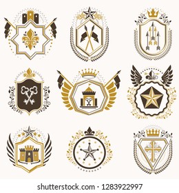 Heraldic decorative emblems made with royal crowns, animal illustrations, religious crosses, armory and medieval castles. Collection of symbols in vintage style.