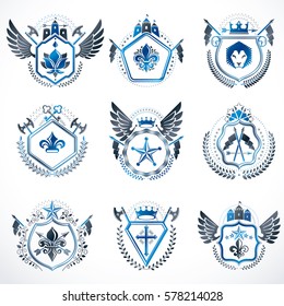 Heraldic decorative emblems made with royal crowns, animal illustrations, religious crosses, armory and medieval castles. Collection of symbols in vintage style.