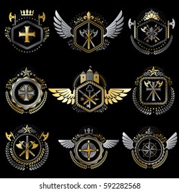 Heraldic decorative emblems made with royal crowns, animal illustrations, religious crosses, armory and medieval castles. Collection of symbols in vintage style.