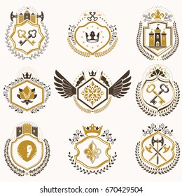 Heraldic decorative emblems made with royal crowns, animal illustrations, religious crosses, armory and medieval castles. Collection of symbols in vintage style.