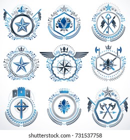 Heraldic decorative emblems made with royal crowns, animal illustrations, religious crosses, armory and medieval castles. Collection of symbols in vintage style.