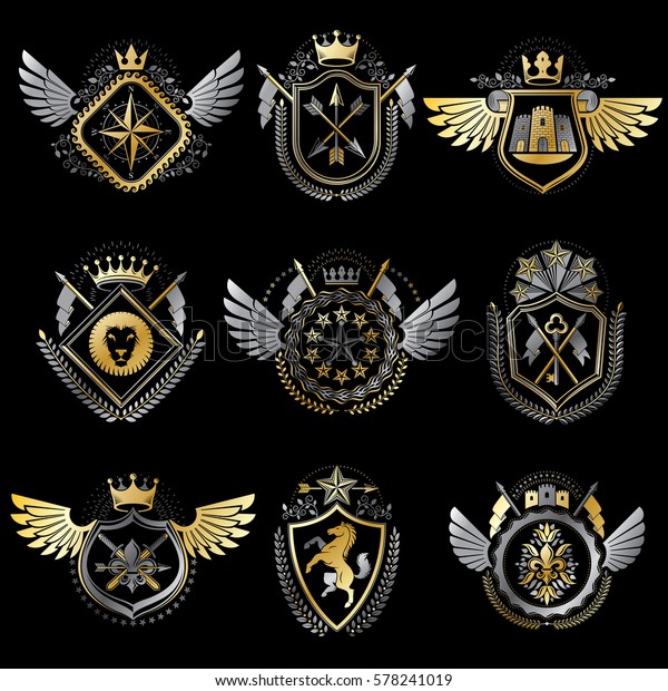 Heraldic Decorative Emblems Made Royal Crowns Stock Vector (Royalty ...