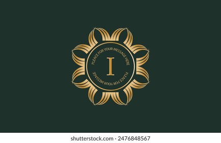 Heraldic or decorative luxury logo template with letter I in center and space for text. Good for restaurant, royalty, boutique, hotel, jewelry, fashion, etc.