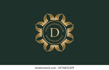Heraldic or decorative luxury logo template with letter D in center and space for text. Good for restaurant, royalty, boutique, hotel, jewelry, fashion, etc.