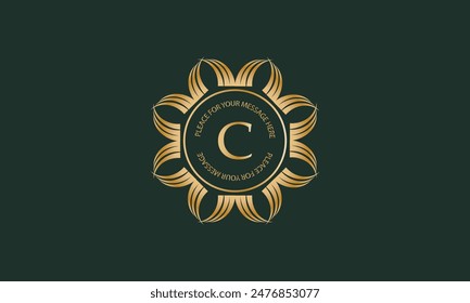Heraldic or decorative luxury logo template with letter C in center and space for text. Good for restaurant, royalty, boutique, hotel, jewelry, fashion, etc.