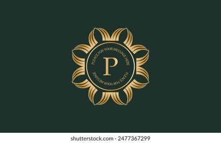 Heraldic or decorative luxury logo template with letter P in center and space for text. Good for restaurant, royalty, boutique, hotel, jewelry, fashion, etc.