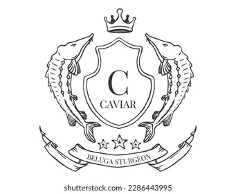 heraldic design, coat of arm vector of beluga sturgeon fish for caviar logo design or emblem design