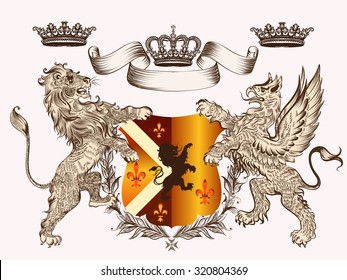 Heraldic design with coat of arms griffin, lion and crowns in antique style