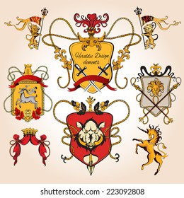 Heraldic design colored elements decorative retro monogram sketch set isolated vector illustration