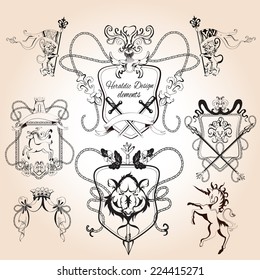 Heraldic design elements decorative crest shield and insignia sketch set isolated vector illustration