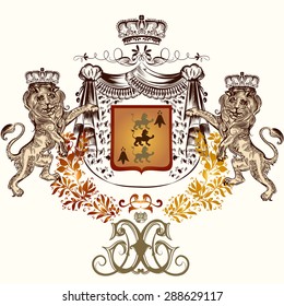 Heraldic design with lions in crowns holding royal shield