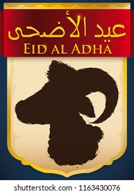 Heraldic design with ram silhouette in brush stroke style and red greeting ribbon to celebrate Muslim Eid al-Adha (written in Arabic golden calligraphy) festival.
