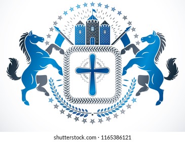 Heraldic design, vector vintage emblem created using mythic Pegasus, Christianity cross and medieval castle.