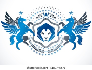 Heraldic design, vector vintage emblem decorated with graceful Pegasus, wild lion and pentagonal stars..