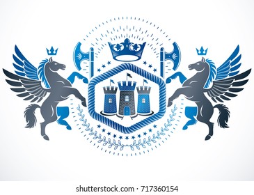 Heraldic design, vector vintage emblem created with graceful Pegasus illustration and medieval stronghold.