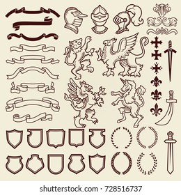 Heraldic design vintage retro shield clipart royal chest elements medieval knight ornament vector illustration.