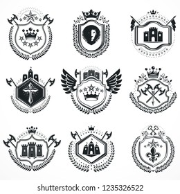 Heraldic designs, vector vintage emblems. Coat of Arms collection, vector set.