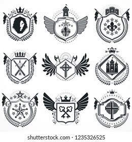 Heraldic designs, vector vintage emblems. Coat of Arms collection, vector set.