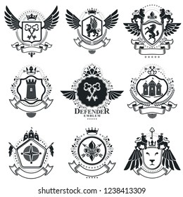 Heraldic designs, vector vintage emblems. Coat of Arms collection, vector set.