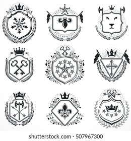 Heraldic designs, vector vintage emblems. Coat of Arms collection, vector set.