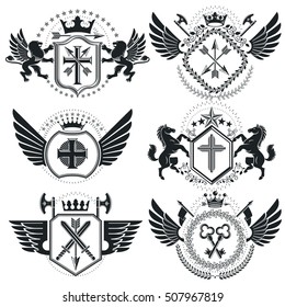 Heraldic designs, vector vintage emblems. Coat of Arms collection, vector set.