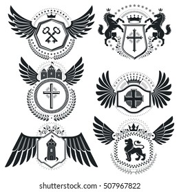 Heraldic designs, vector vintage emblems. Coat of Arms collection, vector set.