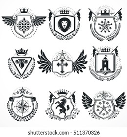 Heraldic designs, vector vintage emblems. Coat of Arms collection, vector set.