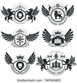Heraldic designs, vector vintage emblems. Coat of Arms collection, vector set.
