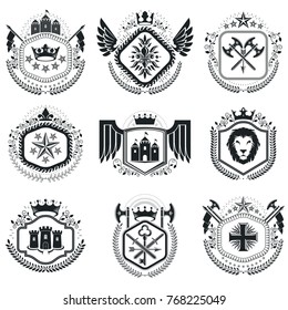 Heraldic designs, vector vintage emblems. Coat of Arms collection, vector set.