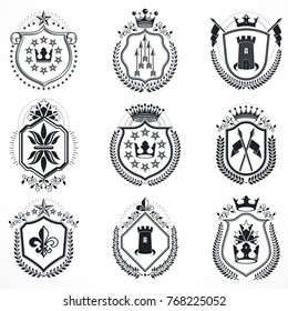 Heraldic designs, vector vintage emblems. Coat of Arms collection, vector set.