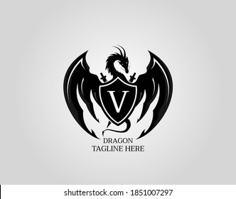 Heraldic Dragon Shield with V Letter Design Logo Template.