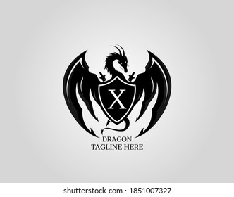 Heraldic Dragon Shield with X Letter Design Logo Template.