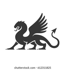 Heraldic Dragon Silhouette Logo On White Background. Vector