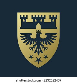 Heraldic eagle coat of arms logo. Gothic falcon castle insignia badge. Heraldry hawk shield icon. Medieval fortress crest emblem. Vector illustration.