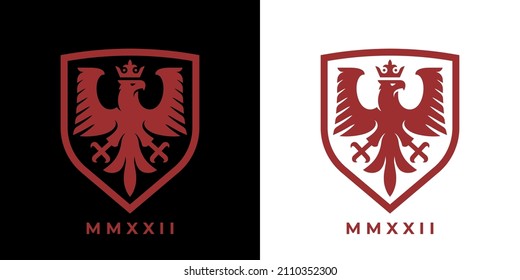 Heraldic eagle crest shield logo. Royal falcon with crown heraldry icon. Insignia hawk symbol. Royal coat of arms bird emblem. Vector illustration.