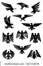 Heraldic eagle, hawk and falcon. Black birds with wide opened wing tattoo, as insignia of power and freedom, patriotism or war symbol. Heraldry or historical culture, military or war theme.