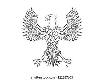 Heraldic Eagle isolated vector illustration in black and white without weapon shield