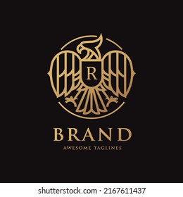 heraldic eagle linear with letter R logo vector
