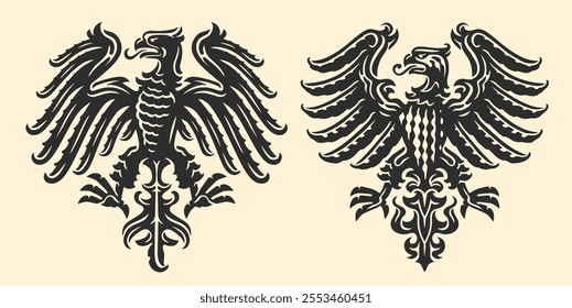 Heraldic eagle spread wings, coat of arms. Decorative bird predator emblem symbol. Vector illustration