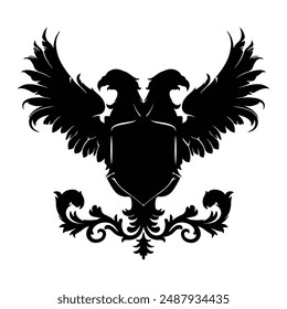 Heraldic eagle with spread wings, double head eagle with shield coat of arms vector silhouette design